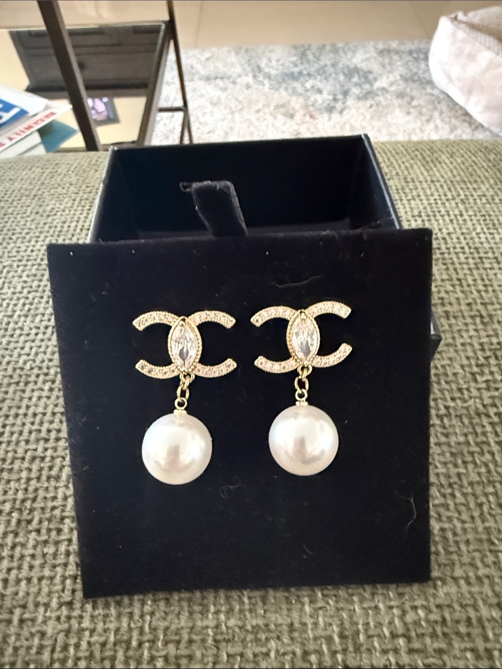 Gold-Tone Pearl Drop Earrings with Interlocking Logo Accent